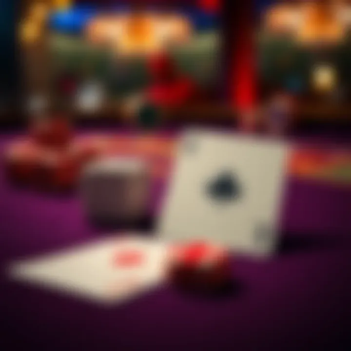 A close-up of a pair of dice and a playing card on a casino table, illustrating the concepts of gambling and luck.