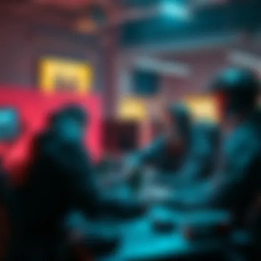 A group of gamers engaged in a heated discussion about skill levels in competitive gaming, with esports setups and gaming gear in the background