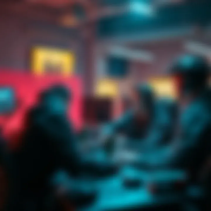 A group of gamers engaged in a heated discussion about skill levels in competitive gaming, with esports setups and gaming gear in the background