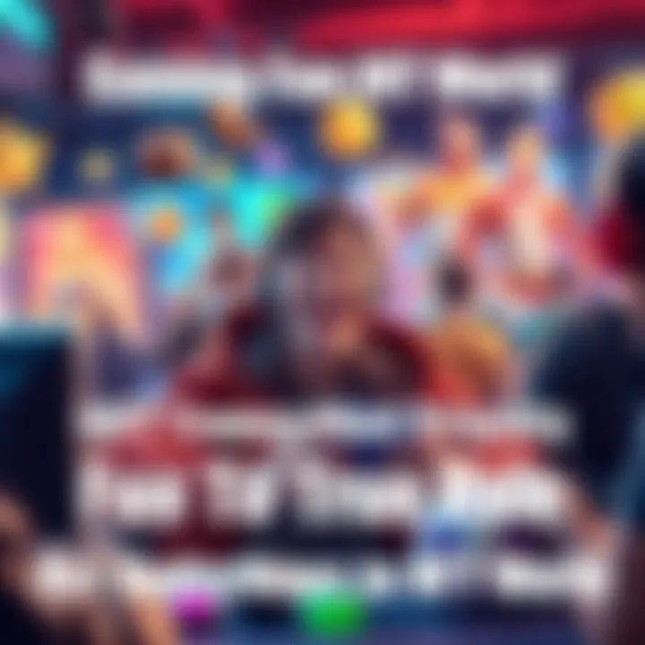 Gaming Fun in NFT World A joyful gamer playing an NFT game, surrounded by colorful digital assets and characters, showcasing enjoyment over trading.