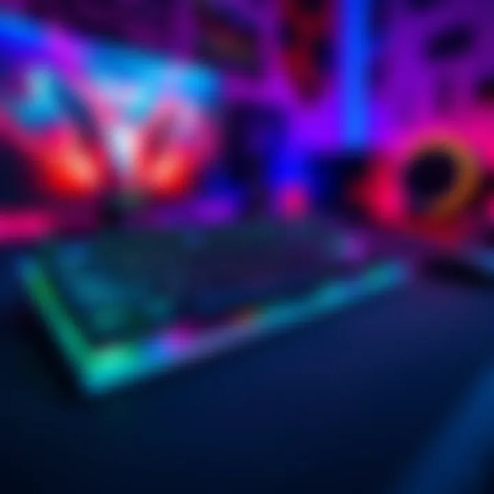 A gaming keyboard with colorful backlighting and a comfortable wrist rest in a gaming setup