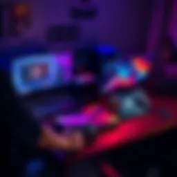 Person comparing a gaming PC setup with a gaming console and laptop on a desk, showing tech gear and video games.