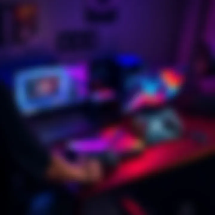 Person comparing a gaming PC setup with a gaming console and laptop on a desk, showing tech gear and video games.