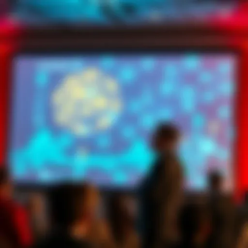 Gavin Wood speaking at a conference about Polkadot's future, with a projector displaying blockchain graphics in the background.