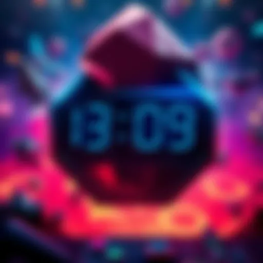 A digital clock showing a countdown timer for the Geode update, with a vibrant gaming background.