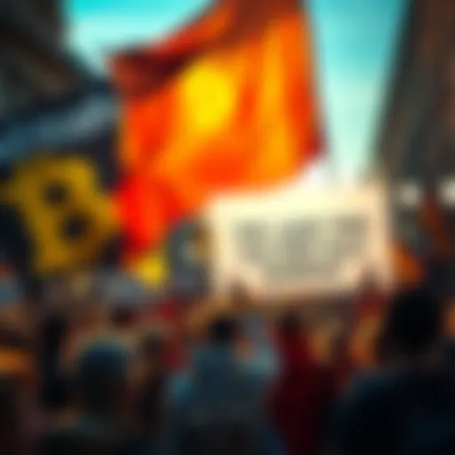 A group of people holding banners at a rally in Germany, advocating for the one-year tax-free Bitcoin holding rule