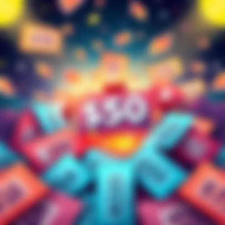 A colorful illustration of a $50 gift card surrounded by tickets representing entries for a superdraw.