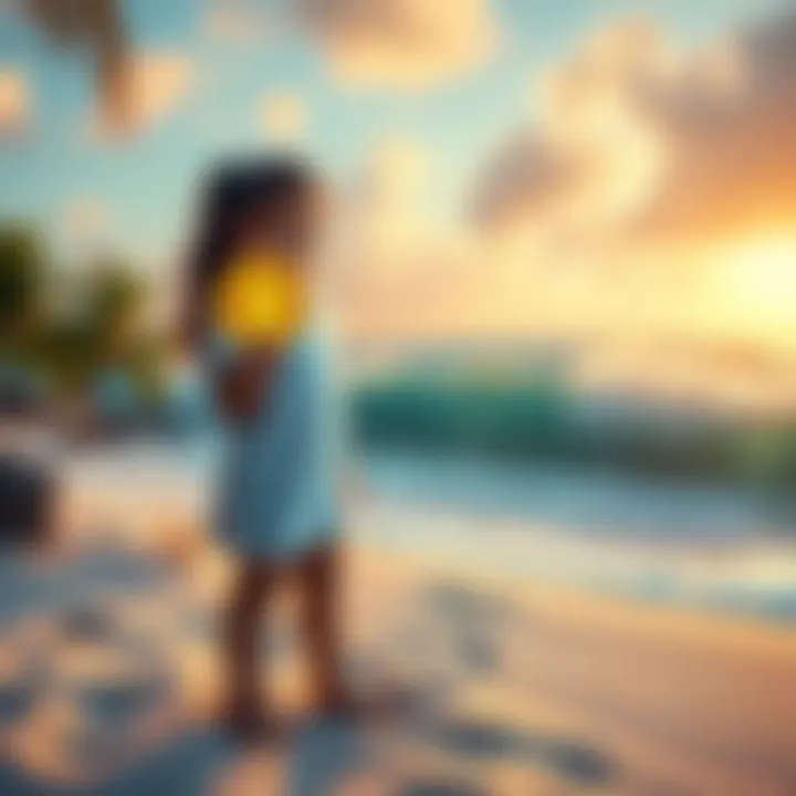 A young girl stands on a sandy beach holding a Bitcoin symbol, surrounded by tropical vegetation and ocean waves.