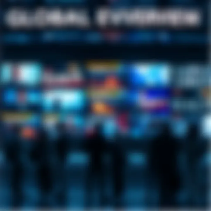 A collection of headlines from major global events displayed on a news board with people discussing them.