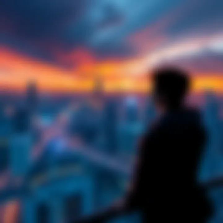 A person looking out over a cityscape, reflecting on global events around them.