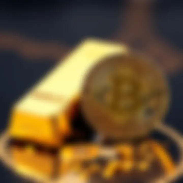 A gold bar next to a shiny Bitcoin coin, symbolizing investment choices in gold and cryptocurrency.