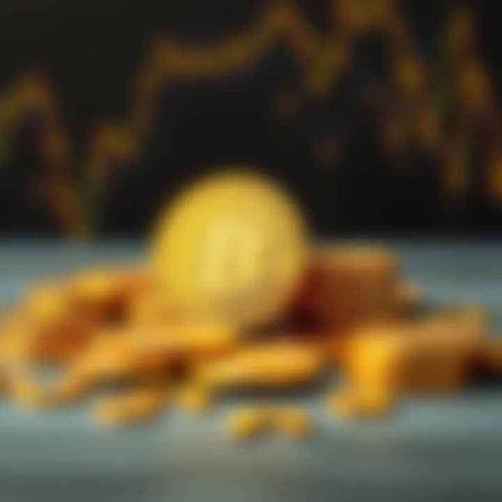 A collection of gold coins next to a cryptocurrency symbol, representing a shift from crypto to gold investments.