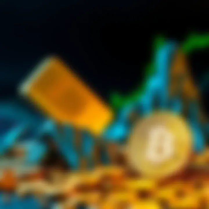 A rising gold bar visually contrasted with a declining bitcoin symbol, representing market trends.