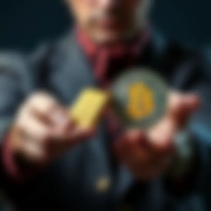 Gold and Bitcoin comparison A person holding a gold bar in one hand and a Bitcoin symbol in the other hand, representing the choice between physical and digital currencies.