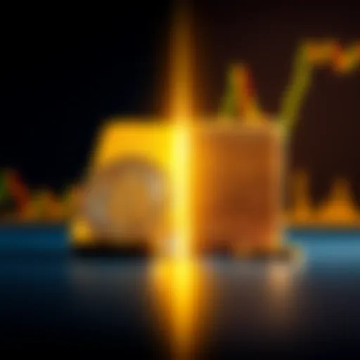 A visual showing a gold bar and Bitcoin symbol on opposite sides, with a stable graph line for gold and a declining graph for Bitcoin in the background.