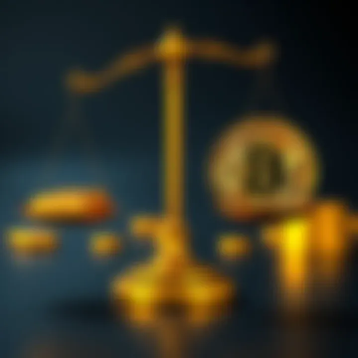 A scale balancing a gold bar and a Bitcoin coin, representing investment choices.