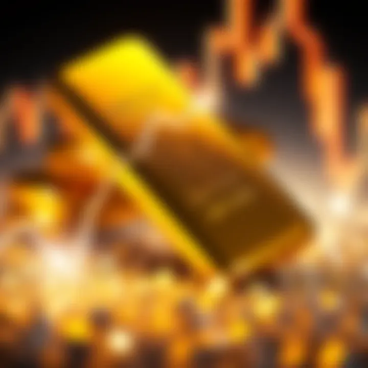 A gold bar representing the surge in gold prices, juxtaposed with a declining Bitcoin symbol.