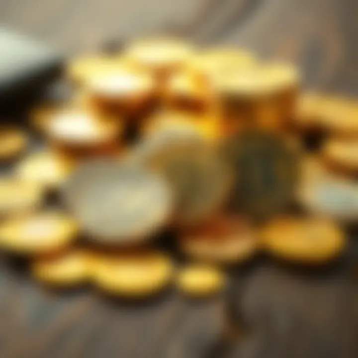 Gold and silver coins on a table A close-up of gold and silver coins placed on a wooden table, symbolizing their potential use as money in transactions today.