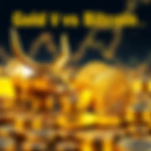 A graphic showing gold bars on one side and Bitcoin coins on the other, symbolizing the competition between traditional and digital investments.