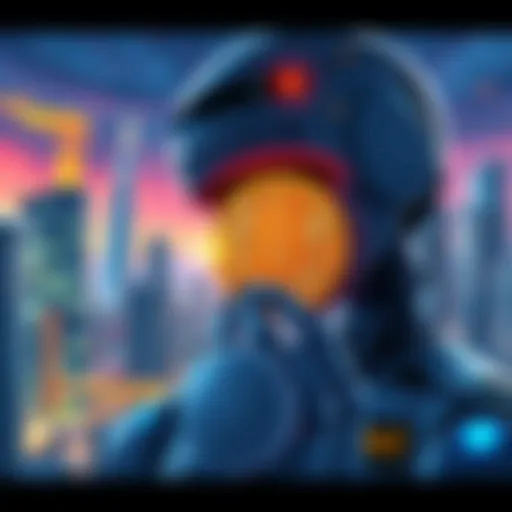 An illustration of a robot looking at a Bitcoin with a futuristic city backdrop, representing Google's AI predicting Bitcoin's price for 2030.