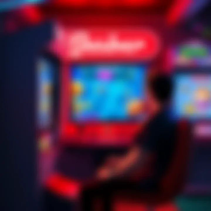 Player enjoying Gossip Harbor arcade game A gamer focused on playing Gossip Harbor arcade game on a colorful screen, surrounded by arcade machines and game characters.