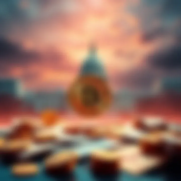 A digital representation of a government-backed cryptocurrency with symbols of money and government buildings in the background.