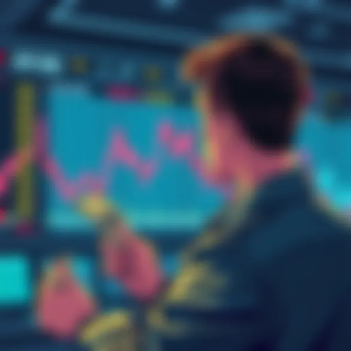 An illustration showing a person looking at financial charts and dollar bills, symbolizing concerns about government influence on markets.