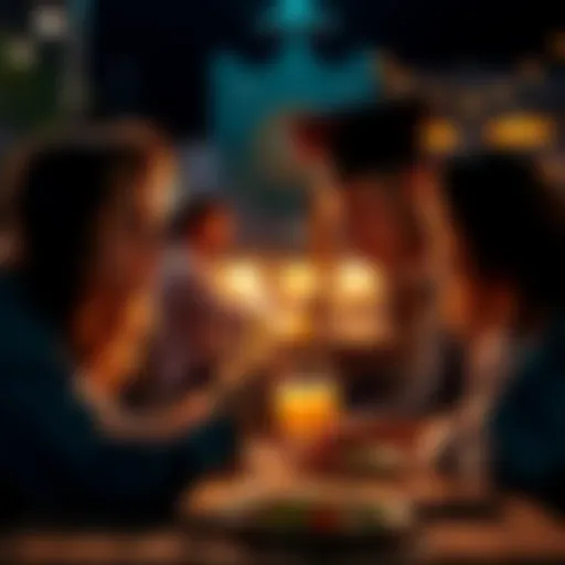 A young couple at a graduation dinner, showing tension and mixed emotions between them