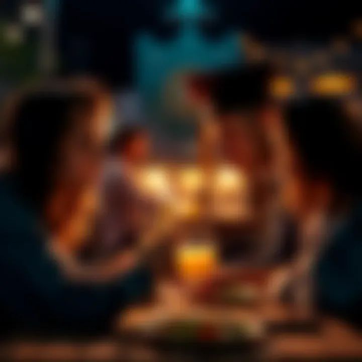 A young couple at a graduation dinner, showing tension and mixed emotions between them