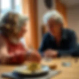 A young person talking to their grandmother at a table, discussing safer investment options instead of cryptocurrency.