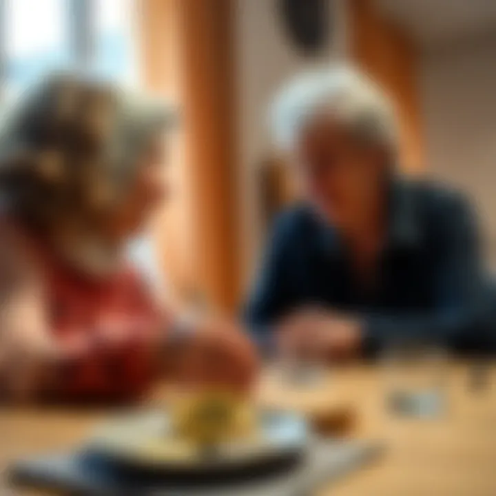 A young person talking to their grandmother at a table, discussing safer investment options instead of cryptocurrency.