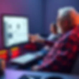 An older person sitting with a younger person, pointing at a computer screen showing a simplified diagram of Ethereum