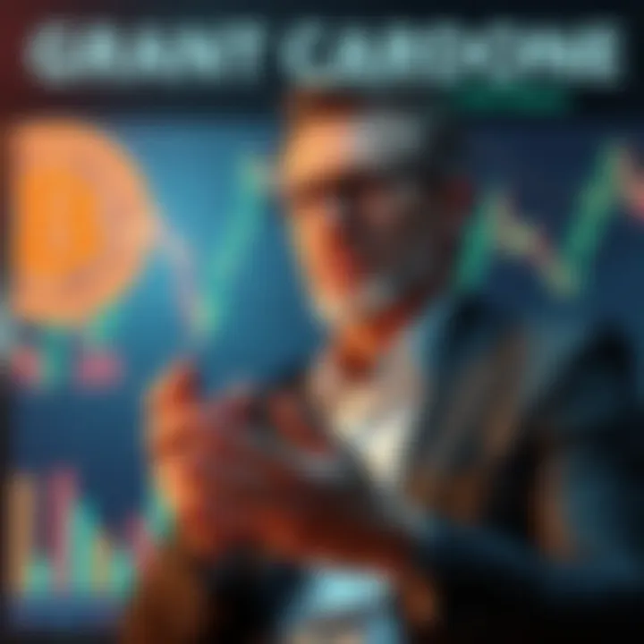 Grant Cardone speaking about Bitcoin's potential as an exchange medium with financial graphs in the background.