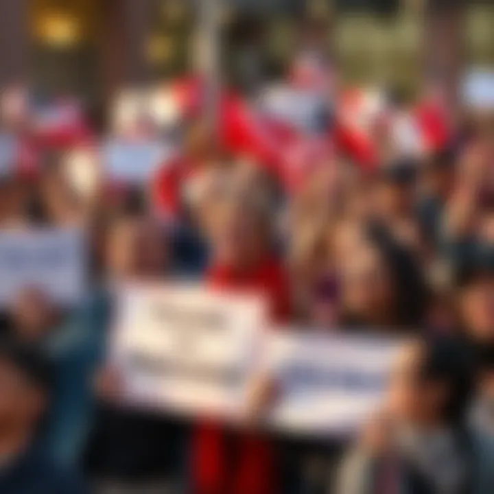 A diverse group of people holding signs expressing appreciation for President Trump, smiling and waving flags in a public gathering
