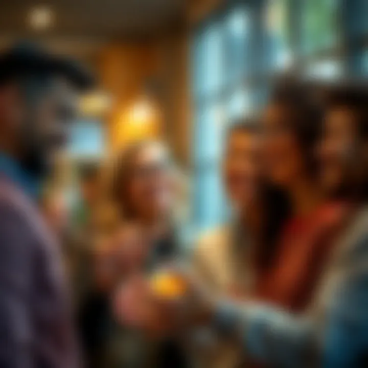 People expressing gratitude A group of friends smiling and exchanging thank yous in a cheerful setting