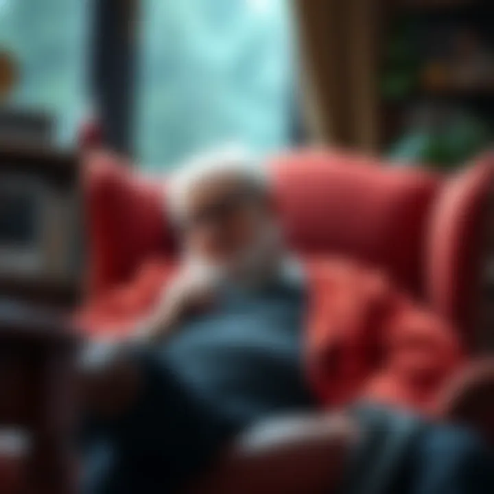 A great grandfather sits in a comfortable chair, speaking with a serious expression about his skepticism of Bitcoin, emphasizing the importance of holding tangible assets.