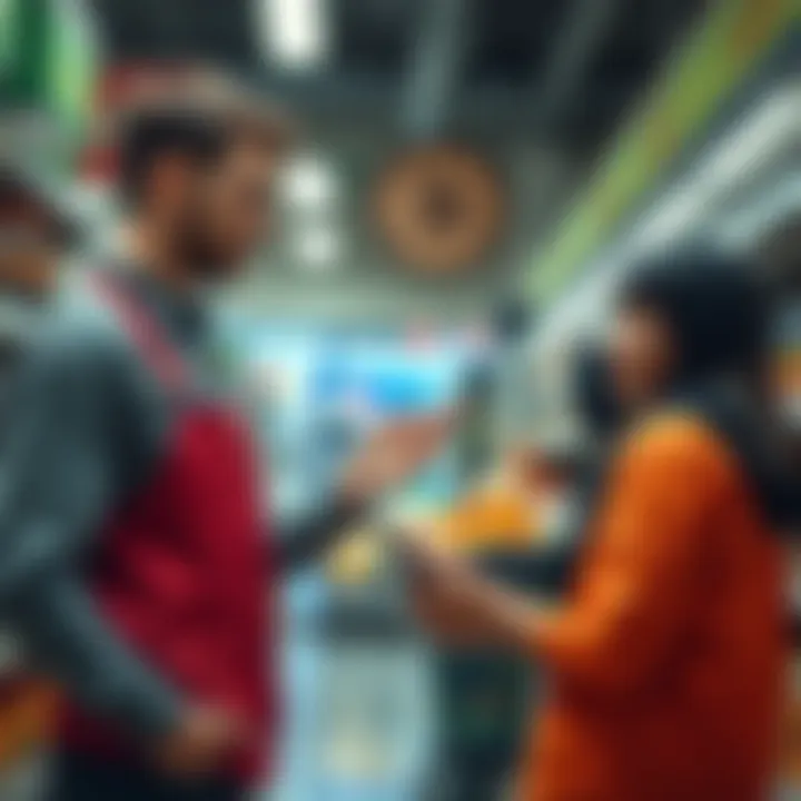 A grocery store employee talks to a customer about a suspicious cryptocurrency investment involving fake wire transfers