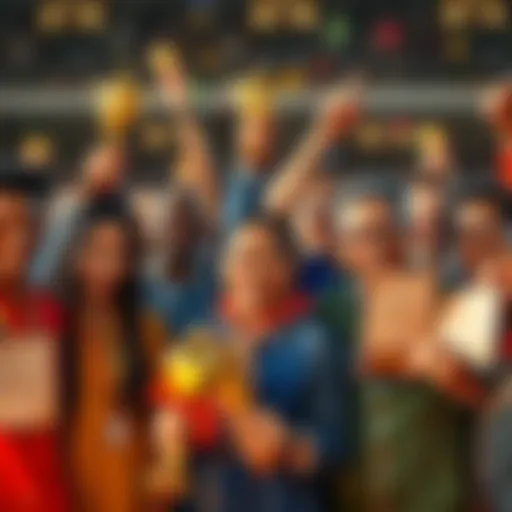 A diverse group of people looking fatigued yet happy while holding trophies and certificates, symbolizing the mixed emotions of success.