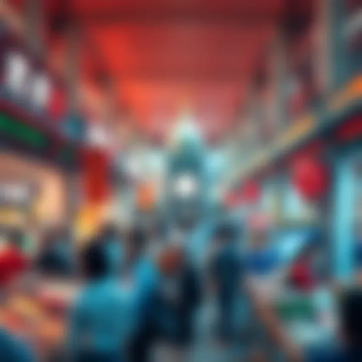 A vibrant market scene showing active trading and investment opportunities, with people engaged in discussions and transactions.