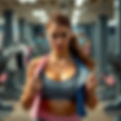 A woman in a gym looking frustrated while holding different workout tops, trying to find the right fit and style.
