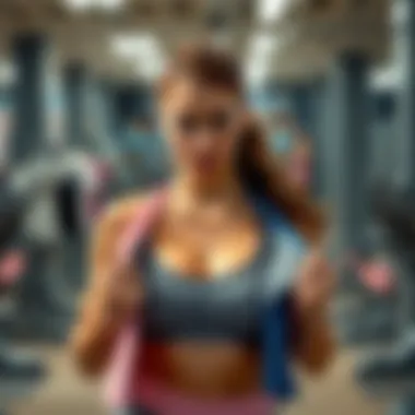 Gymgoer Choosing Workout Clothes A woman in a gym looking frustrated while holding different workout tops, trying to find the right fit and style.
