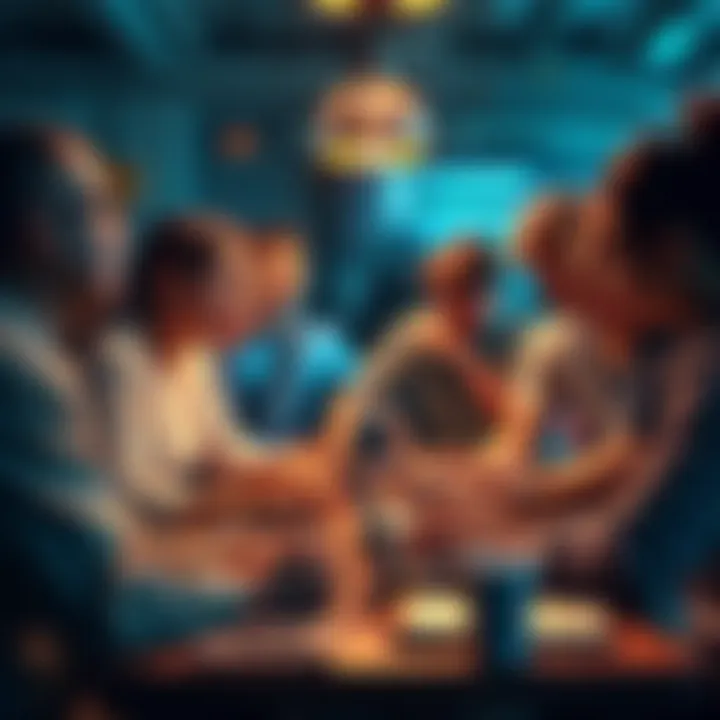 A group of diverse individuals gathered around laptops, brainstorming ideas for a hackathon. Excitement and collaboration in the air.