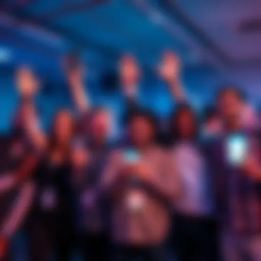 A group of people celebrating after winning a hackathon, showcasing their offline messaging app on smartphones