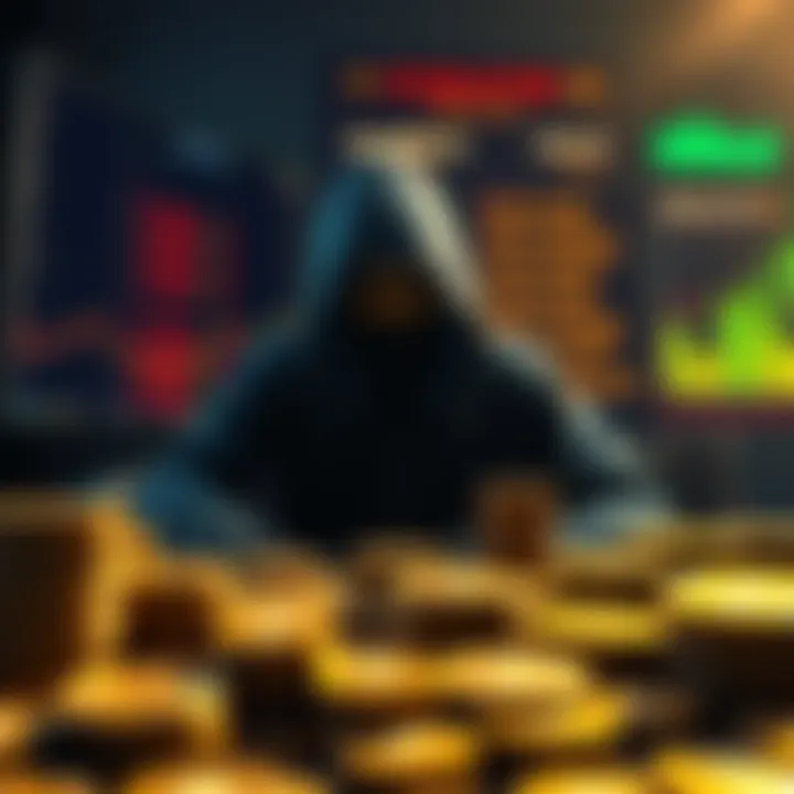 A hacker is shown in front of a computer screen displaying fake stablecoin values, with stacks of digital coins surrounding them.