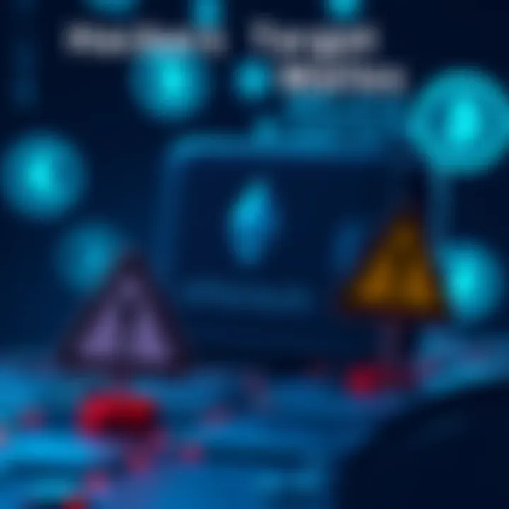 A visual representation of hackers draining old Ethereum wallets, with digital currency symbols in a dark background and a warning sign, emphasizing the security risk.