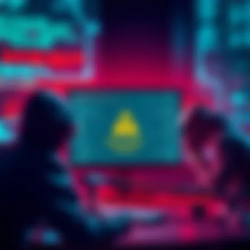 A depiction of hackers enticing AI developers with fake token airdrops, showcasing a computer screen with suspicious activity and a warning symbol.