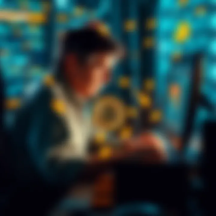 A man sitting at a computer, engaged in programming and Bitcoin mining, surrounded by digital currency symbols.