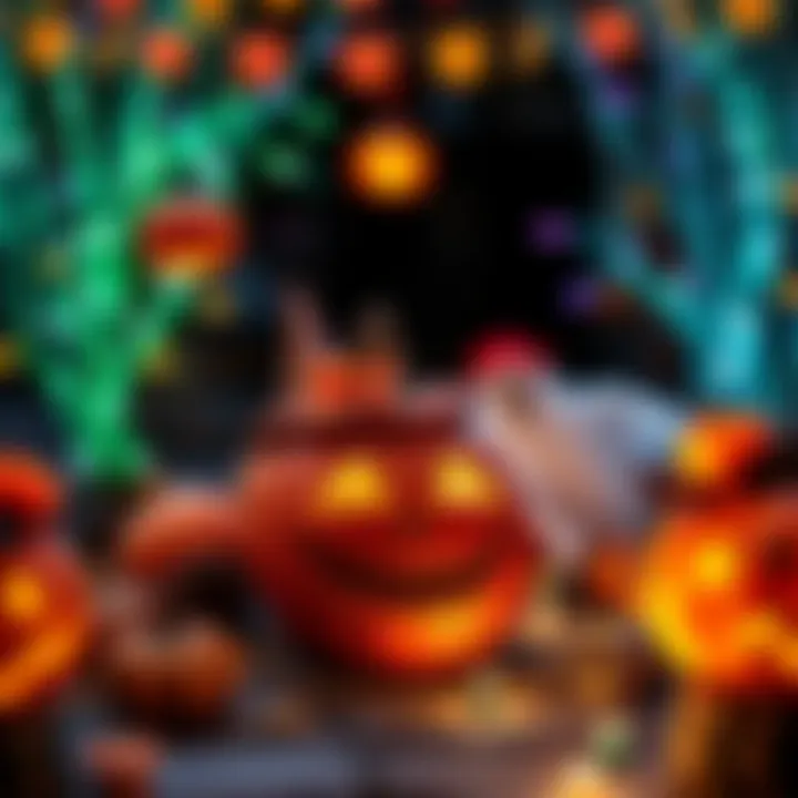 Halloween decorations with pumpkins and ghosts Colorful Halloween decorations featuring carved pumpkins, spooky ghosts, and festive lights.