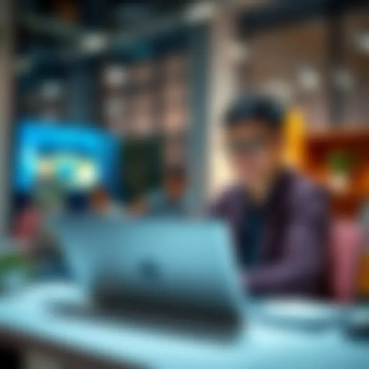 Person happily managing bank account A person sitting at a desk with a laptop, smiling while checking their bank account online, suggesting a positive banking experience
