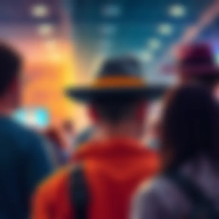 A person wearing a stylish hat, surrounded by others discussing hat rankings and tips in a vibrant community setting.